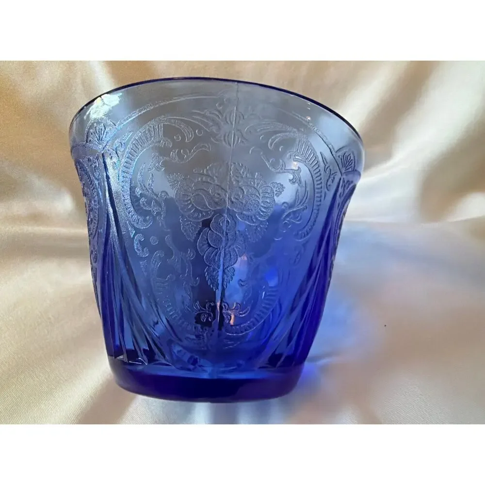 Vintage Cobalt Blue Pressed Glass Mug Cup Embossed Grape Pattern Depression